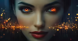 a woman wearing orange eyes with red lips