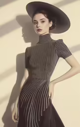 a woman in a black and white striped dress, hat and heels