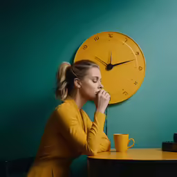 a girl in a yellow dress looks at a clock