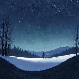 a man in the snow with the sky covered in stars,the lone person is walking through a snowy field
