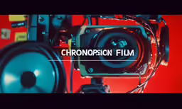 a red photo with the words chronopixn film next to a red camera