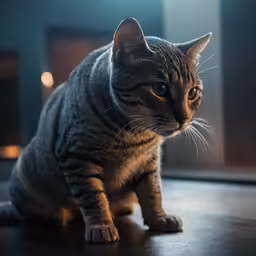 a striped cat sitting on a table looking at something