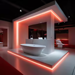 modern white room with red lighting that is lit up