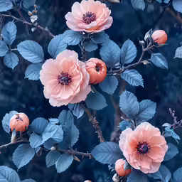 close up of pale colored flowers on gray branches