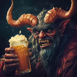 a horned man with horns holding a beer