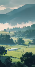 trees and mountains are in the distance with clouds in the sky