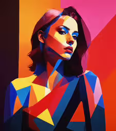 a woman is shown with her hands clasped,a woman is posing against a colorful background