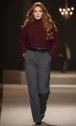 a woman walks on the runway wearing black pants