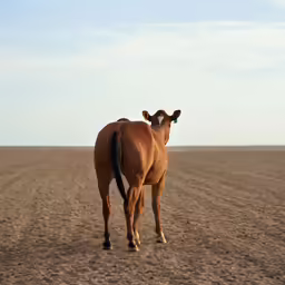 a brown horse standing in a desert with its eyes closed