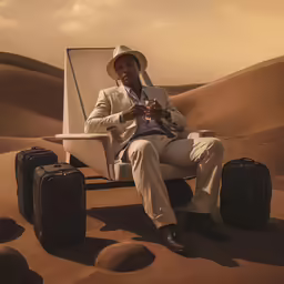 man sitting on a white chair in the desert