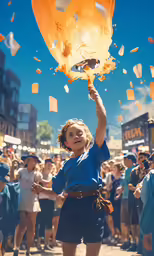 a young girl holds onto a lit object as people look on