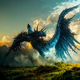 the dragon is flying through the clouds