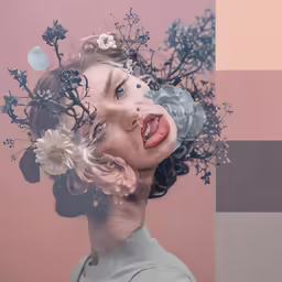 a woman with flowers and a grey sweater