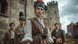the woman is in costume and is standing next to some men