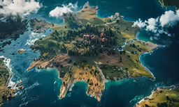 a flying over the coast and trees in the clouds