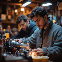 men at a restaurant work on machinery in front of a camera