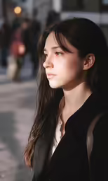 a woman with long dark hair looking into the distance
