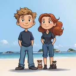 two people are standing on the beach with a dog