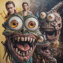 the monster with three eyes and yellow eyes is standing beside two other monsters