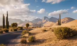a road leading to three large desert mountains