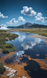 the small river runs into the marshy green mountains