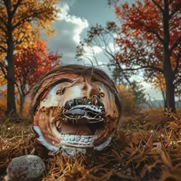 a scary mask sitting in the grass near trees