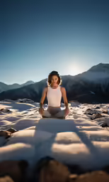woman meditating on the snow in the mountains