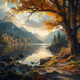 an autumn forest, with water, rocks and trees