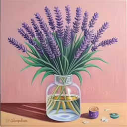 a painting of lavender flowers in a jar with some spilled condiments