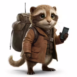 a rocket cat holding a cell phone while wearing a coat