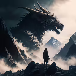 a person stands near a dragon on a mountain