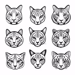 a series of nine hand drawn drawings of cats