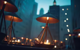 many lights turned on and placed beside a building