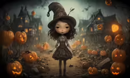 an illustration of a child in a witch costume on halloween