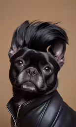 a small dog wearing a black jacket looking at the camera