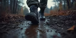 the feet of a person walking through a dark forest