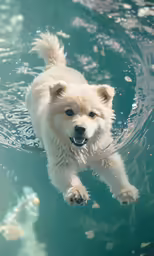 a small white dog floating on top of the water