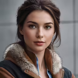 a woman with short hair, a jacket and a brown collar