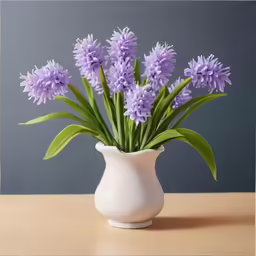a vase with purple flowers in it is on a table