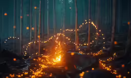 trees are lit up in the dark with some lights