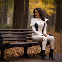 a beautiful woman posing on top of a park bench