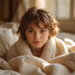 young woman laying in bed under her white blanket