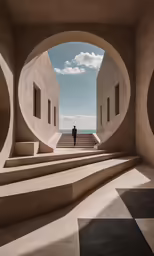 a person is standing in front of some stairs with windows
