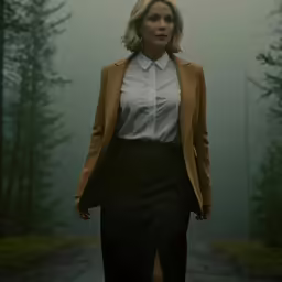a woman wearing a skirt and a jacket stands in the middle of a forest