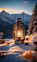 a small lantern sitting on top of snow covered ground