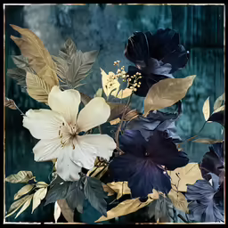 various leaves and flowers displayed in black frame