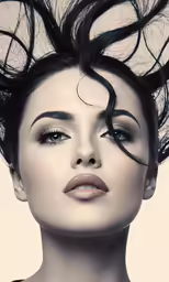 a woman with dark hair and makeup and eyelashes