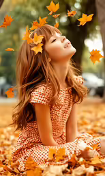 a beautiful young girl in a dress sitting on a blanket of leaves