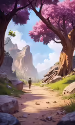 a man walks down a dirt road between tall rocks and trees