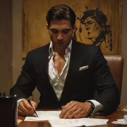 a man in a suit is doing paperwork on a desk